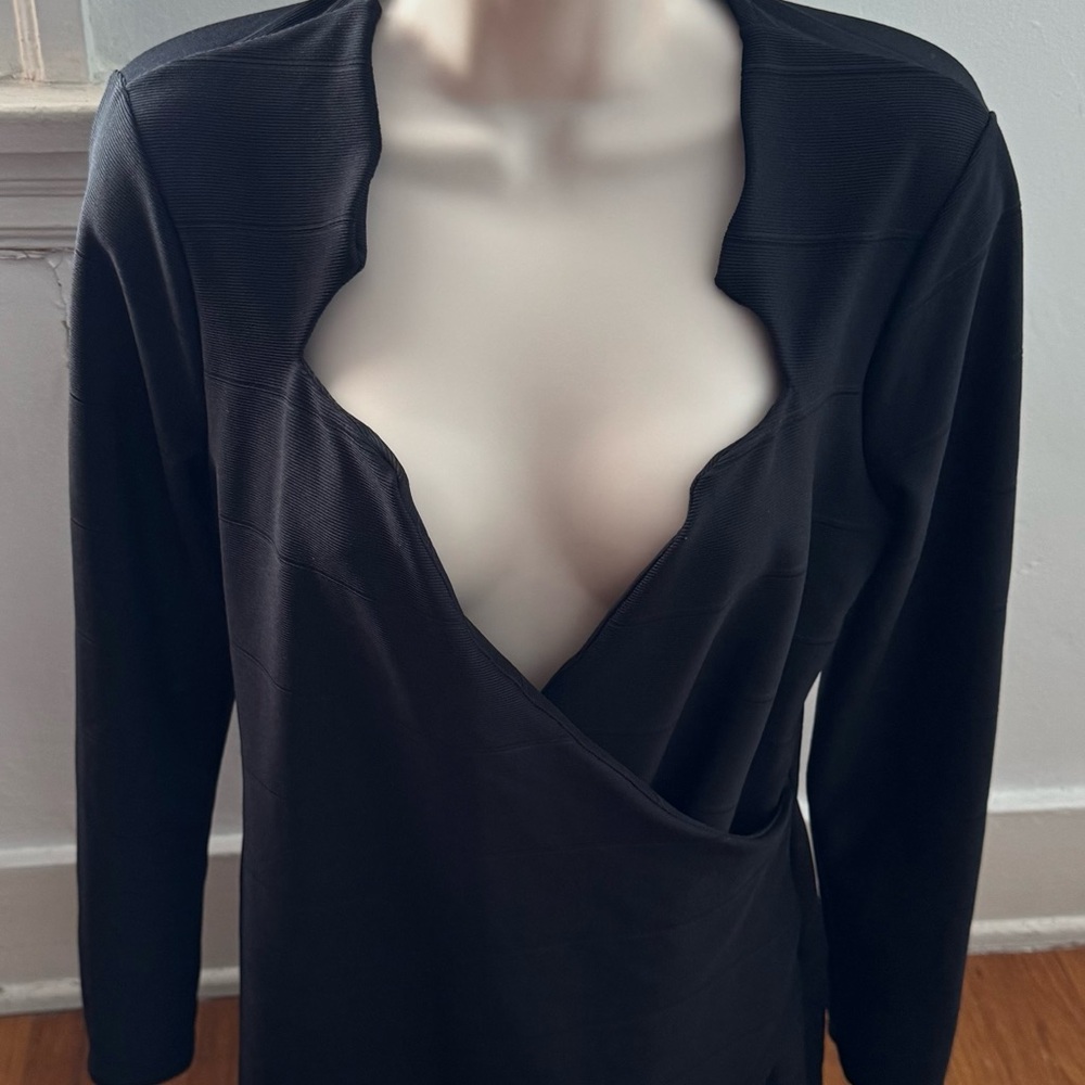 ASOS Black ribbed Cut Out Back long sleeve deep V-neck faux wrap dress, size 10